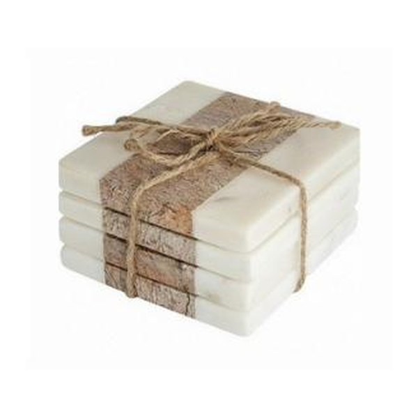 Stacked marble coasters tied with twine